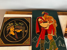 Vtg Hand Painted and Carved Native American Design Wall Hanging on Wood picture