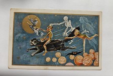 RARE Halloween Postcard Witch, Skeleton, Black Cat Goblin Embossed Gold Foil HTF picture