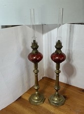 2 Antique Peg Oil Lamps Loetz Glass ? Pushup Candlestick Brass 24