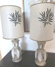 Pair MCM Vtg Quartite Chalkware Table Lamps & Shades Spatter Atomic MCM  20.5
