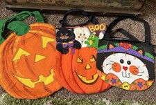 VTG Lot of 3 Fabric Cat Jack O Lantern Ghost Halloween Trick or Treat Candy Bag picture