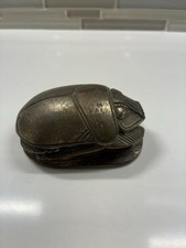 Vintage Solid Brass Egyptian Scarab Paperweight Hieroglyphics Egypt 3¼” Heavy picture