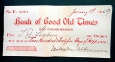 1900 antique JOKE HUMOROUS BANK CHECK old chums branch good old times LESHER picture