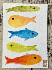 Original ACEO Five Fish Minimalist Hand Painted Signed 3.5