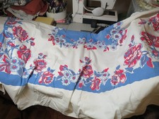 Vtg 1950s Tablecloth Heavier Fabric Sailcloth/Canvas Feel Floral Pink Blue 56x72 picture