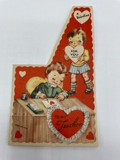 Valentines Day Vintage Greeting Card For Teacher Children with Hearts 1950's picture