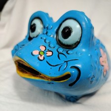 Vtg 1970s Frog Piggy Bank, Ceramic R.S. Marking Big Eyes Blue Pink Flowers 6
