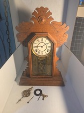 Antique 1880s E Ingraham Gingerbread Griffin Glass Clock Working Key Oak READ picture