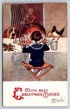 1906 Tuck's Christmas Postcard Boy Dog Turkey Ashland PA Miners Hospital Art picture