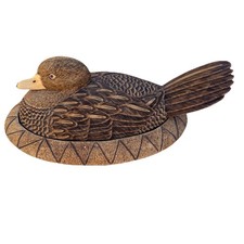Vintage Hand Carved Wood Duck Trinket Box Folk Art Keepsake Detailed Feather picture