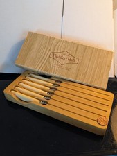 Vintage Eaton Haddon Hall Sheffield Steak Knife Set Wooden Box Faux Ivory 6 picture