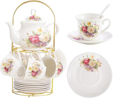20-Pieces Porcelain Tea Sets For Women, Tea Set For Adult with Golden Metal Rack picture