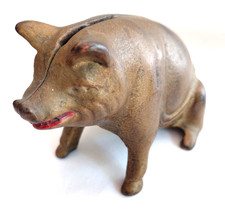 Vintage/Antique Cast Iron Pig w/ Red Lips Still Bank picture