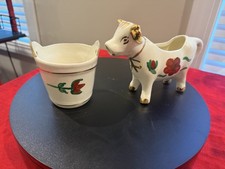 Vintage Hand-Painted Ceramic Cow Creamer & Matching Pail – Made in the Poconos picture
