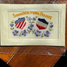 Vintage WWI Postcard Embroidered Silk Souvenir From France US French Flags picture