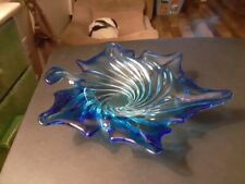 Vintage Hand Blown Art Glass Cobalt Blue And Amber Decorative Stretch Bowl picture