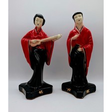 Vintage MCM Japanese Geisha Musician Ceramic Figurines Red Black Gold Set of 2 picture