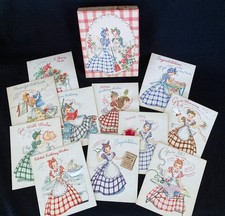 Vintage 1940’s 11 Gingham Girl Greeting Cards w/ Box DOEHLA Very Rare Housewife picture