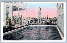 1920-30's OCEAN CITY MD SWIMMING POOL CROWD SCENE ANTIQUE POSTCARD picture