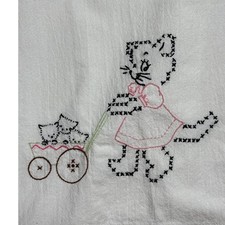 Vintage Embroidered Dish Towel Cat pushing Stroller With Kittens White Flour Sac picture