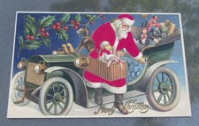 1900s Made In Germany Embossed MERRY CHRISTMAS Postcard Santa Brass Era Car Toys picture