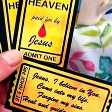 100 cards TICKET TO HEAVEN 2-sided prayer card tracts Gold glossy picture