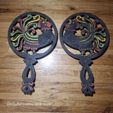 Pair of Wilton cast iron rooster trivets vintage kitchen cookware picture