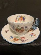 Rare Antique Aynsley Butterfly Handle Teacup and Saucer Set 1930s Floral Mint picture
