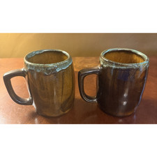 Vintage Pair Anna Van Briggle Signed Pottery Brown w/ Green Drip Glaze Mugs 4