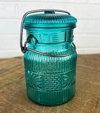 Vintage 1970s Avon Country Peaches Teal Green Glass Jar with Wire Bail Cottage picture