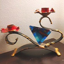 Gary Rosenthal Shabbat Candlestick Handmade Jewish Metal Art Glass picture