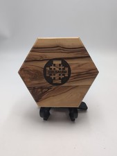 Hexagon Wooden Trinket Box Hand Carved Cross Medallion For Rosary Beads Handmade picture