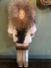 Eskimo Doll Handcrafted Alice Foster Artist Red Fox Hood Wooden Face NWT picture