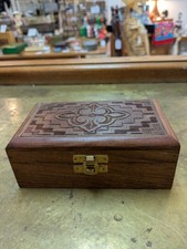 Vintage Hand Carved Wooden Jewelry Box / Keepsake Trinket Chest with Brass Clasp picture