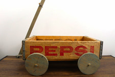 Pepsi Vintage Wooden Soda Advertising Crate Wagon Cart Pull Toy / Folk Art picture