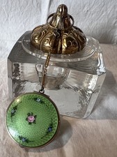 Antique Art Deco Guilloche Enamel Compact Finger Ring & Chain Double Sided  picture