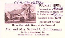 Strasburg PA Tourist Home Mr & Mrs Samuel C Zimmerman Amish Section Ad Card picture