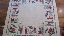 MCM Vintage TURN OF THE CENTURY MAN And WOMAN Linen TABLECLOTH - 1960's picture