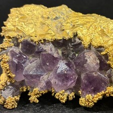 Vintage Brutalist Amethyst Geode Gold Gilt Metal Casing Mineral Specimen Decor picture