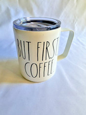 Rae Dunn “But First, Coffee” Insulated Stainless Steel Tumbler/Mug White W/ Lid picture
