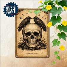 Gothic Raven Perched On Skull Sign Vintage Dark Magic Study Metal Tin Plaque picture
