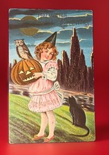 Vintage Sanders Halloween Greetings Postcard Jack O Lantern JOL Owl Black Cat picture
