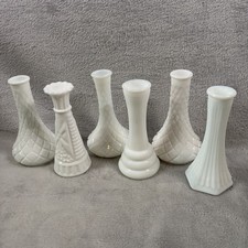 Lot of 6 Vintage White Milk Glass Bud Vases Anchor Hocking Stars and Bars MCM picture