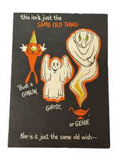 VTG MCM Hallmark Halloween Card Black with Goblin, Ghost & Genie 5