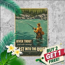 The River Trout Are Calling Fishing Hobby Metal Sign Rustic Cabin Tin Plaque picture