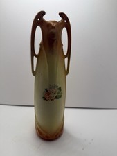 Art Nouveau Twin-handled Vase With Hand Painted Roses Circa 1930 H 9.5” W 2” VTG picture