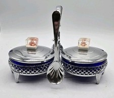 Vintage 1960s Cobalt Glass Chrome England Condiment Caddy Flower Lucite Handles picture