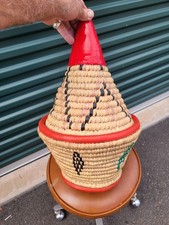 RARE Antique Morrocan Bread Basket Tbek Woven Mulitcolor Natural Fiber & Leather picture