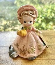 Vintage Joseph Original October Birthday Month Girl Holds Pumpkin w Cat & Mouse picture