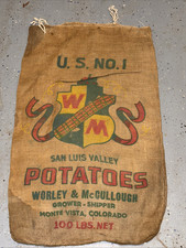 VTG WM Worley McCullough Colorado Potatoes Burlap Bag 100 lb Gunny Sack Antique picture
